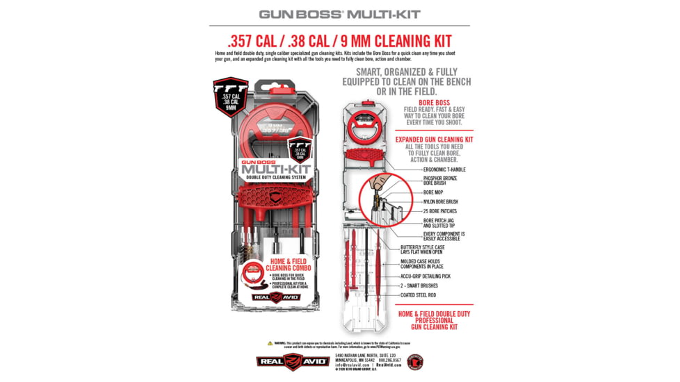 Real Avid Gun Boss Cleaning Multi-Kit, .357cal/.38cal/9mm, AVGBMK9MM