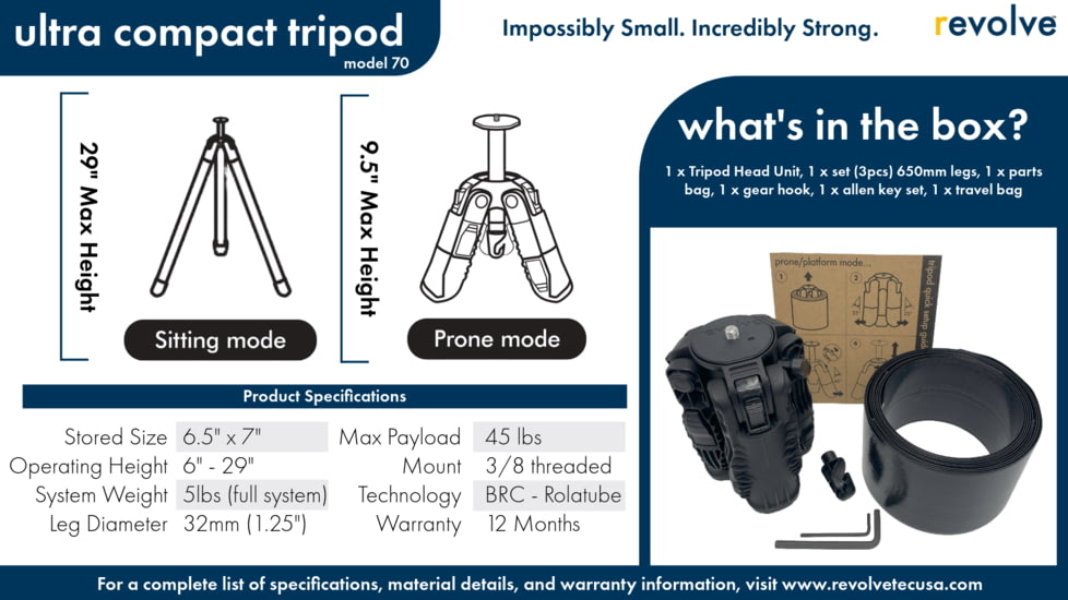 Revolve Ultra Compact Tripod - Model 70, Black, TT100165001S