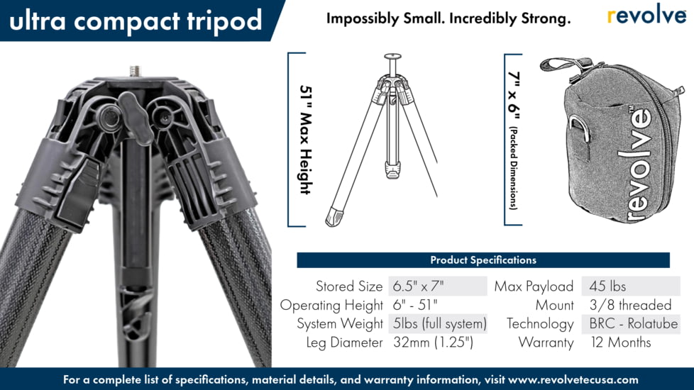 Revolve Ultra Compact Tripod - Model 70, Black, TT100165001S