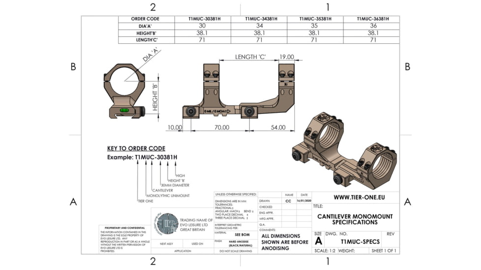 Tier One Monomount Cantilever - 30mm High 6MIL/20MOA, Black, T1MUC-30381H6