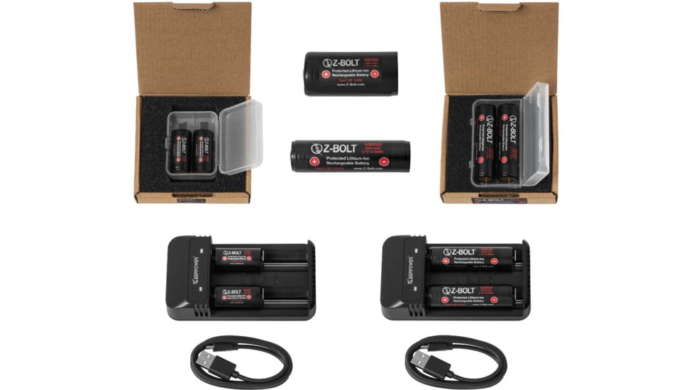 Z-Bolt Rechargeable 18650 Batteries &amp; 2x Slot Chargers for High Discharge Flashlights, Weapon Lights, &amp; Illuminators, BATTS-2x-18650-CHRG